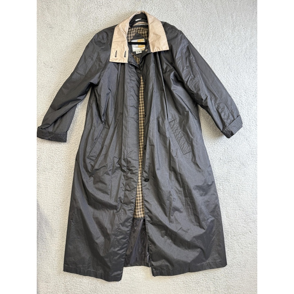 Vintage‎ Current Seen Coat Mens Large Black Trench Plaid Lined Rain Overcoat 90s